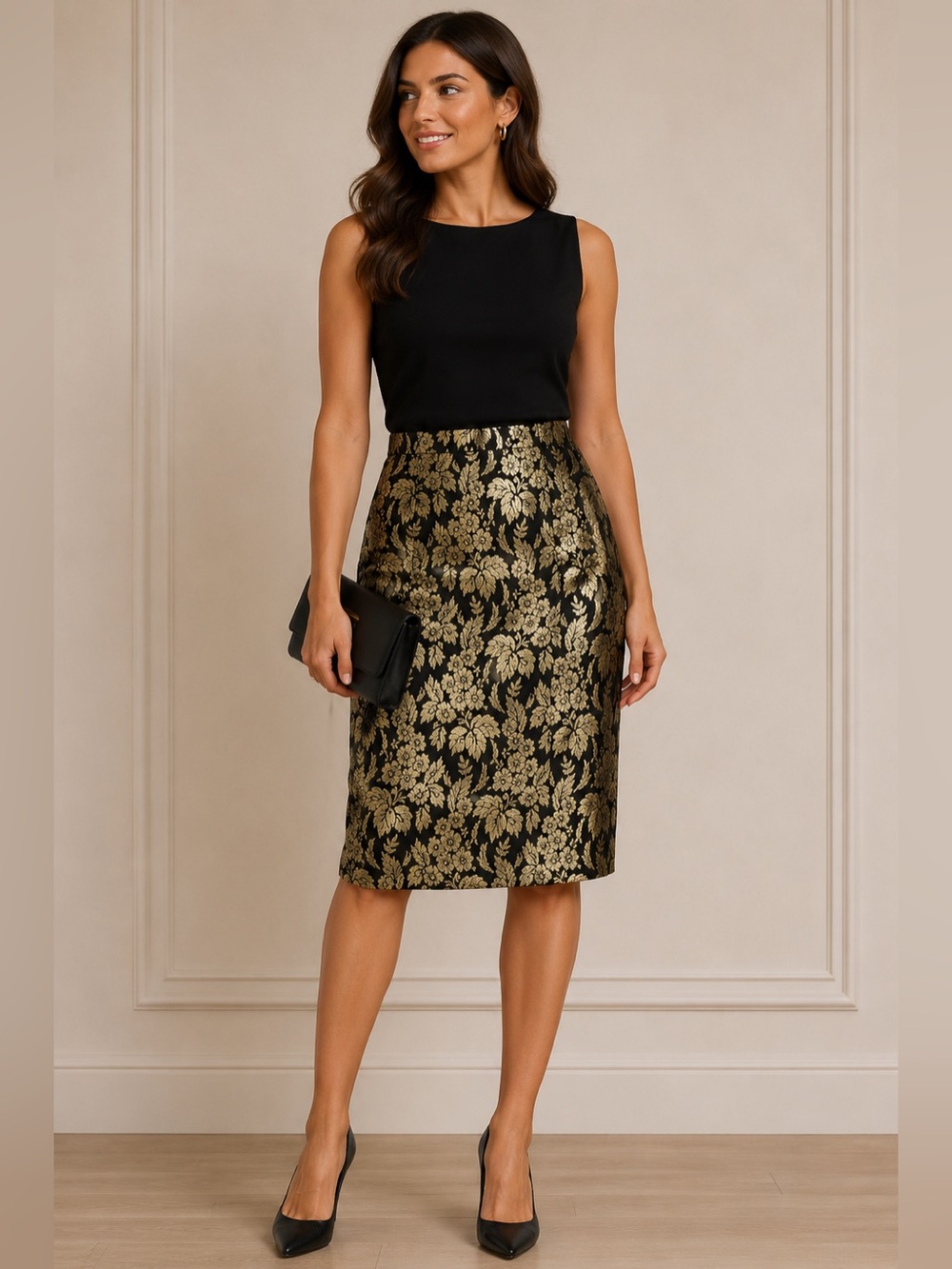 J.Crew Women’s 4 Metallic Jacquard Pencil Skirt Gold Black Floral Brocade Classy